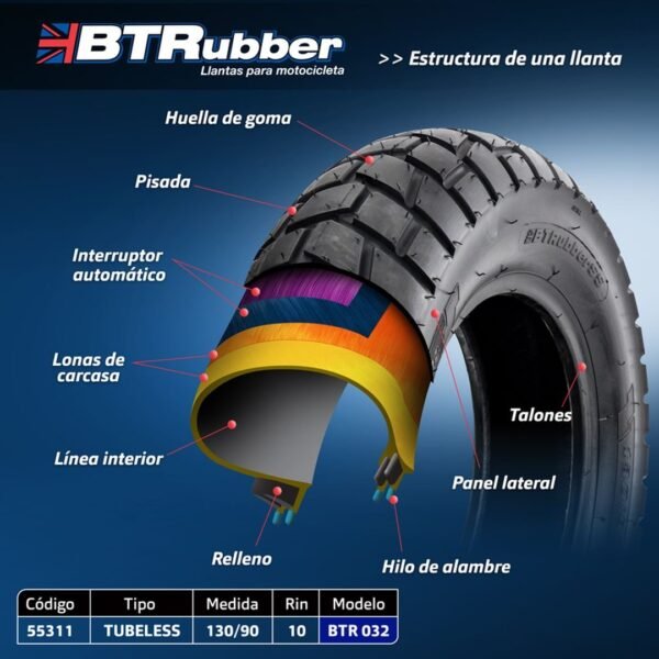 Llanta 130/90-10 para moto, Doble propósito. Tubeless.