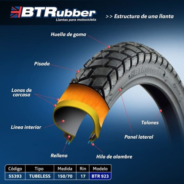Llanta 150/70-17 para moto, Doble propósito. Tubeless.
