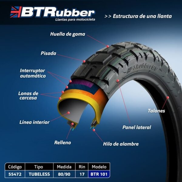 Llanta 80/90-17 para moto, Doble propósito. Tubeless.