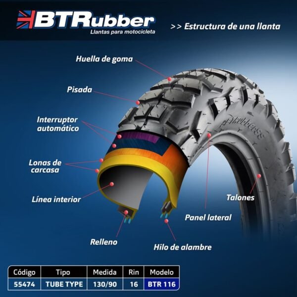 Llanta 130/90-16 para moto, Doble propósito. Tube Type.