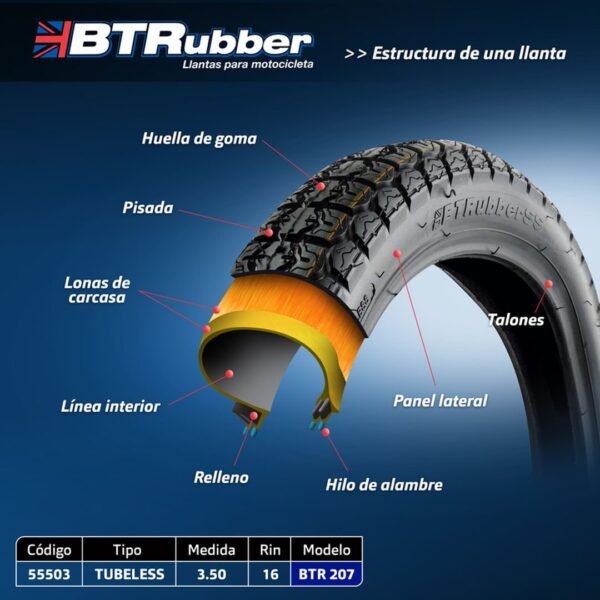 Llanta 3.50-16 para moto, Tipo Urbana. Tubeless.