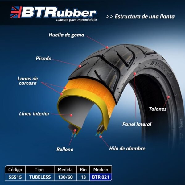 Llanta 130/60-13 para moto, Tipo Urbana. Tubeless.