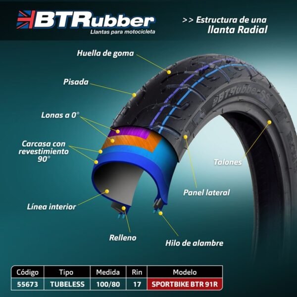 Llanta 100/80-17 para moto, Tipo turismo deportivo. Tubeless.